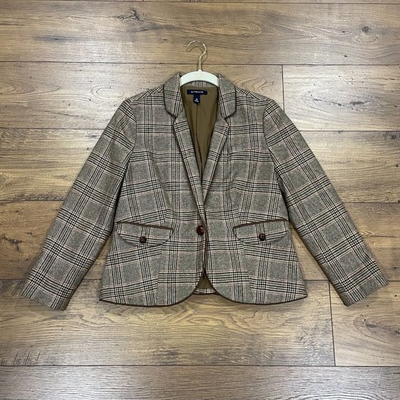 Lands End Blazer Women 8 Petite Wool Blend Jacket Plaid Academia Schoolboy Brown - Picture 1 of 12